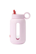 Pink water bottle with a straw on a white background