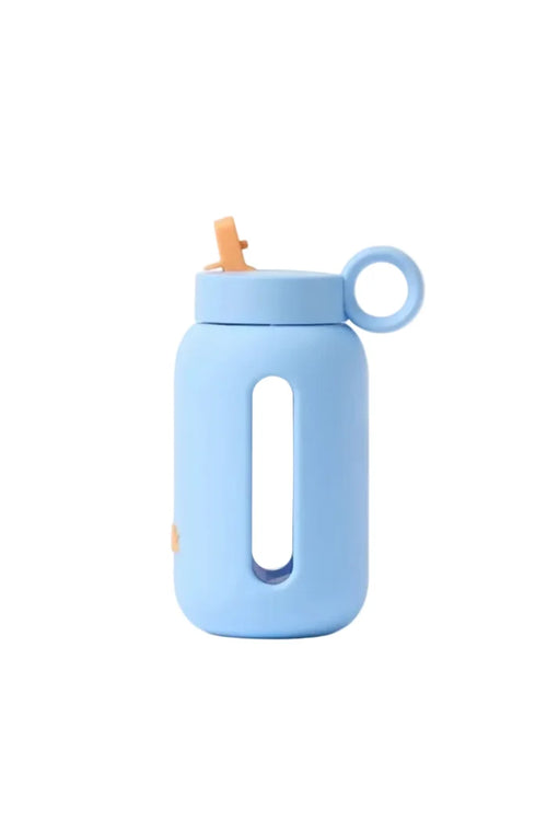 Light blue water bottle with a straw on a white background