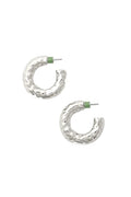 Silver hoop earrings with green backs on a white background
