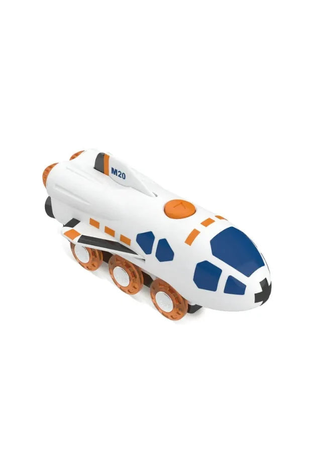 A small toy spacecraft or capsule-shaped toy in white with blue and orange graphics, shown on a plain white background.