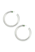 Pair of silver hoop earrings on a white background