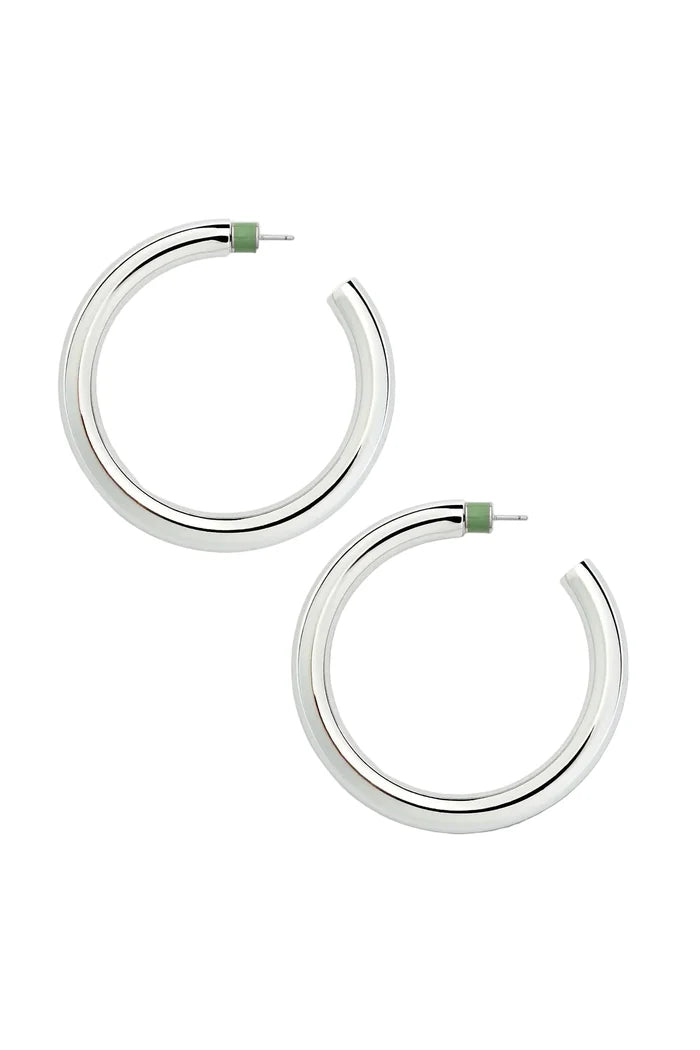 Pair of silver hoop earrings on a white background