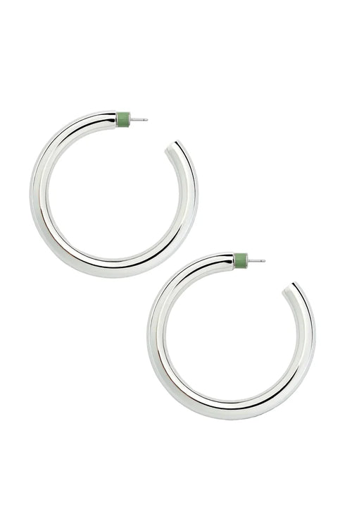 Pair of silver hoop earrings on a white background