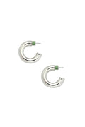 Silver hoop earrings with green accents on a white background
