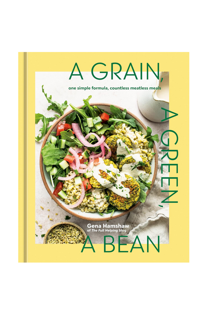 Book cover of 'A Grain, A Green, A Bean' with a yellow background and a bowl of salad.