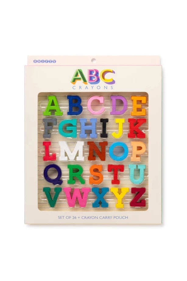 Set of colorful alphabet letters in a wooden holder with crayon carry pouch on a white background
