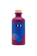 Purple bottle with blue abstract circle and cork cap on a white background