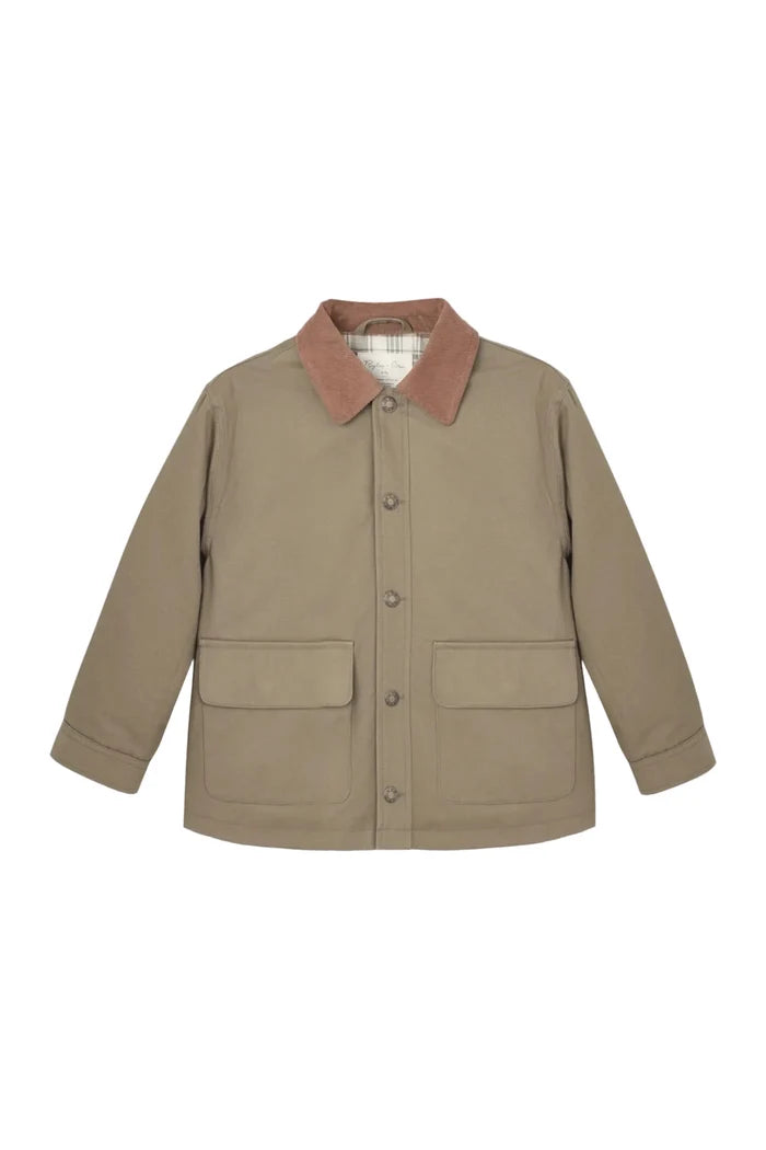 A beige utility jacket with a brown corduroy collar, featuring a button-up front and two large front flap pockets, displayed on a clean white background.