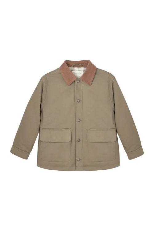 A beige utility jacket with a brown corduroy collar, featuring a button-up front and two large front flap pockets, displayed on a clean white background.