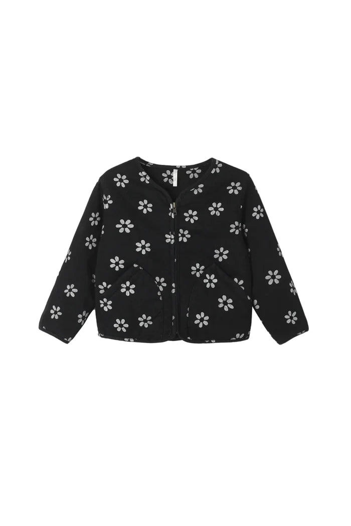 A black cropped jacket with a white floral pattern, displayed flat against a light gray background.