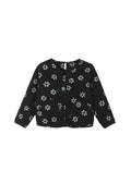 A black cropped jacket with a white floral pattern, displayed flat against a light gray background.