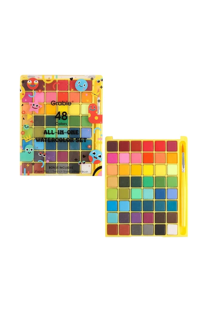 Large watercolor palette with brush on white background.