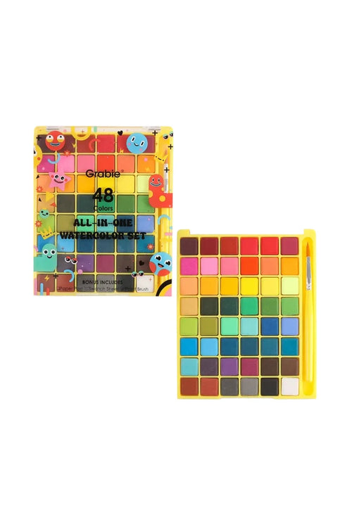 Large watercolor palette with brush on white background.