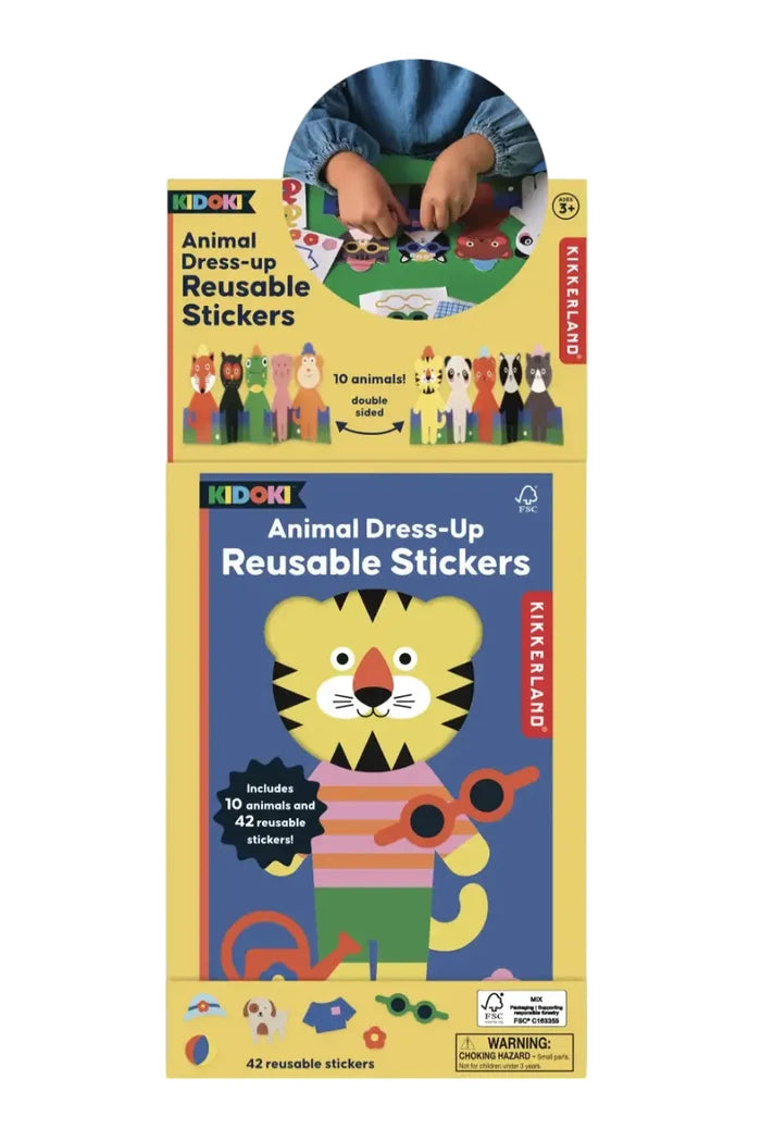 Kinderland Animal Dress-Up Reusable Stickers packaging with a lion illustration on a white background.