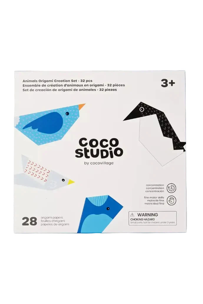 Paper packaging with colorful origami animal graphics