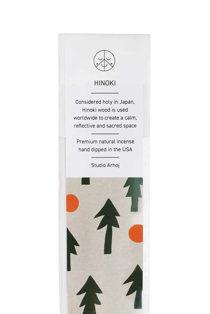 Hinoki incense packaging with tree design and text on a white background
