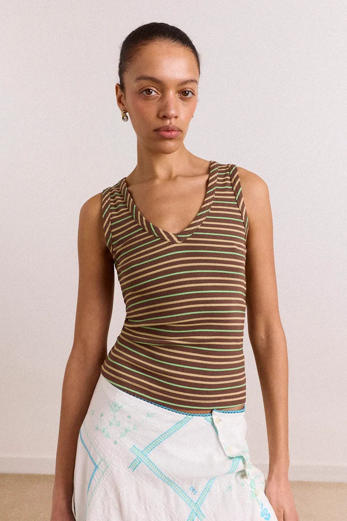 Arlea V-Neck Tank (Brown Stripe)