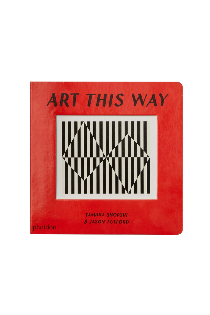 The book cover of 'Art This Way' by Tamara Shopsin and Jason Ferrord, featuring a textured red cover with black typography and a central black-and-white geometric pattern.