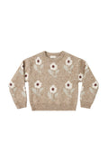 A beige knit crewneck sweater featuring a repeating pattern of stylized white flowers with brown centers and muted green stems, displayed flat against a solid white background.