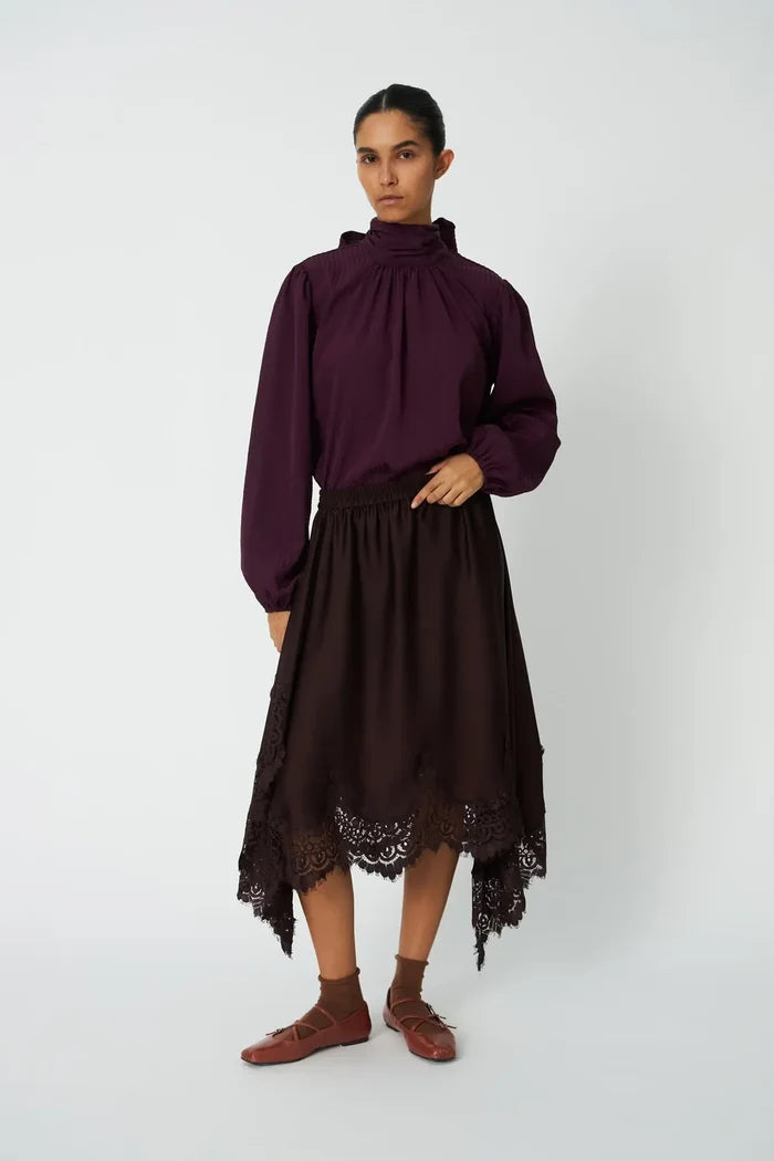 Asymmetric Lace Trimmed Skirt (Dark Brown)
