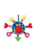 Colorful baby toy with a blue face, yellow stars, and various shapes on a white background