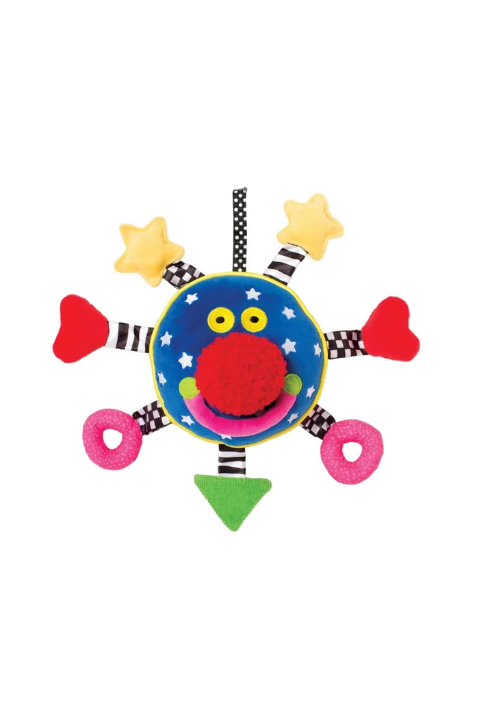 Colorful baby toy with a blue face, yellow stars, and various shapes on a white background
