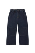 Dark indigo denim cropped pants with an elastic waistband and two large patch pockets on the front, shown flat on a light gray background.
