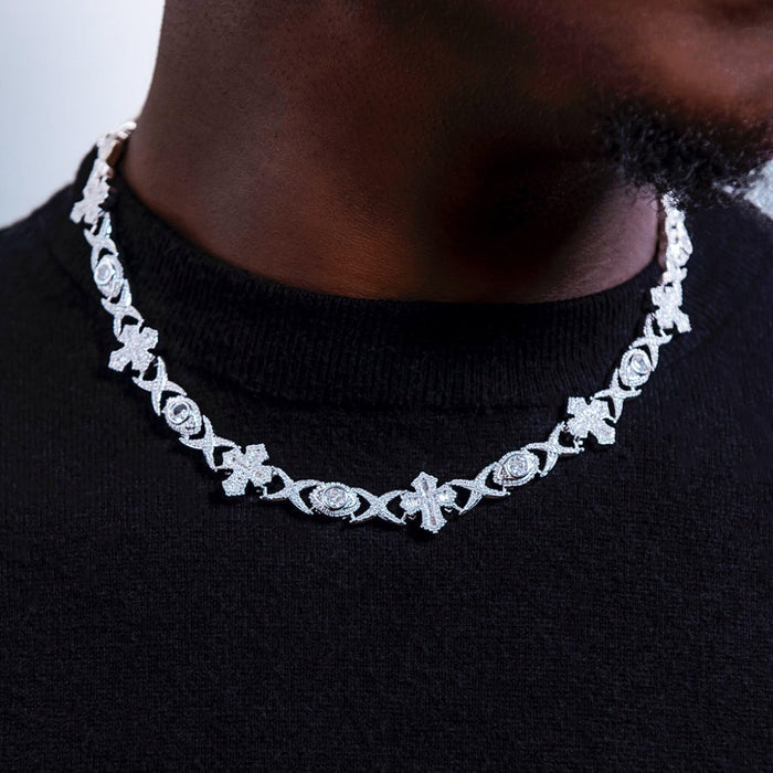 Baguette Cross Evil Eye Chain in White Gold - 16mm