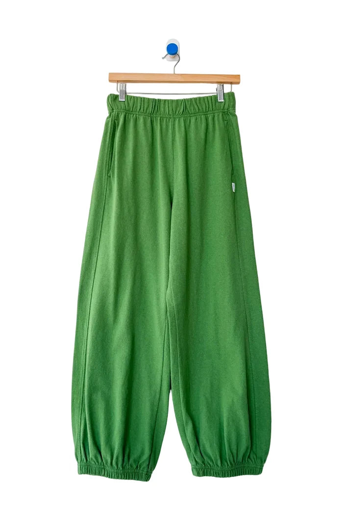 Green wide-leg sweatpants with an elastic waistband and elastic ankle cuffs, hanging from a wooden hanger against a plain white wall.