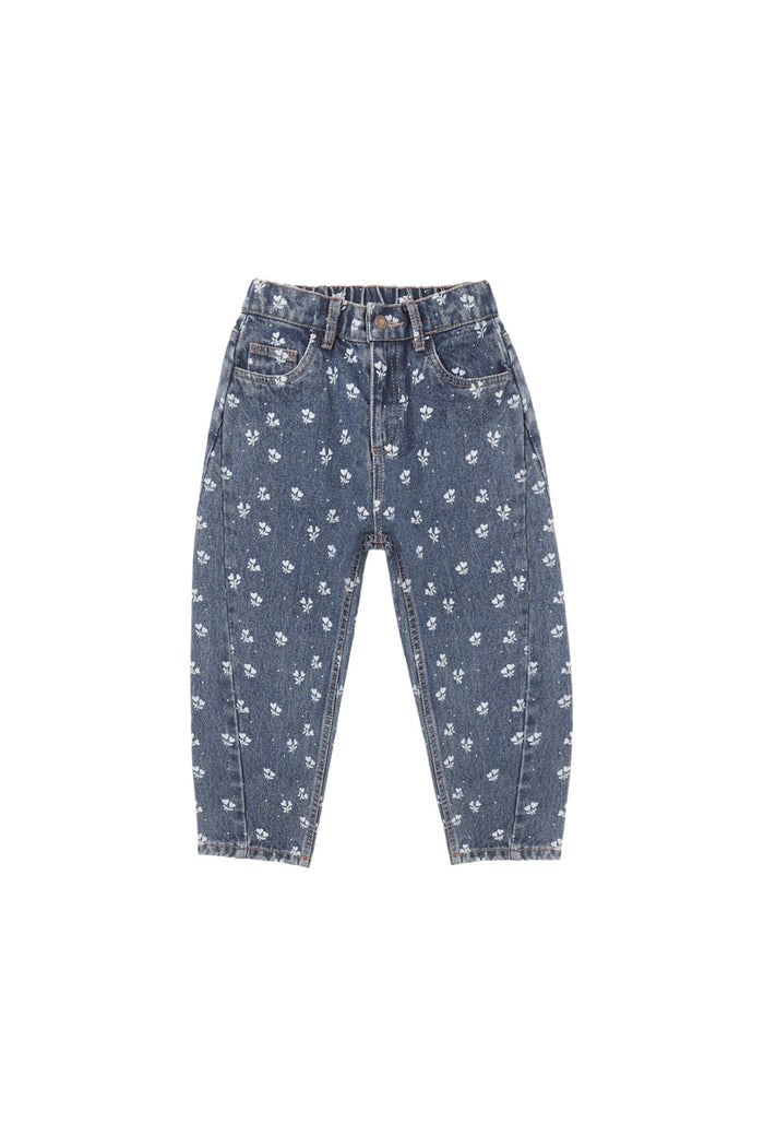 A pair of children's blue denim jeans with a small white floral print, shown flat against a plain white background.