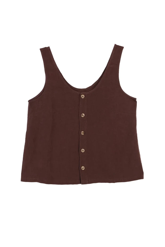 Brown tank top with button details on a white background