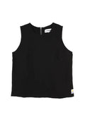 Black sleeveless shirt with a brand label on a white background