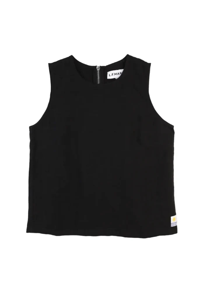 Black sleeveless shirt with a brand label on a white background