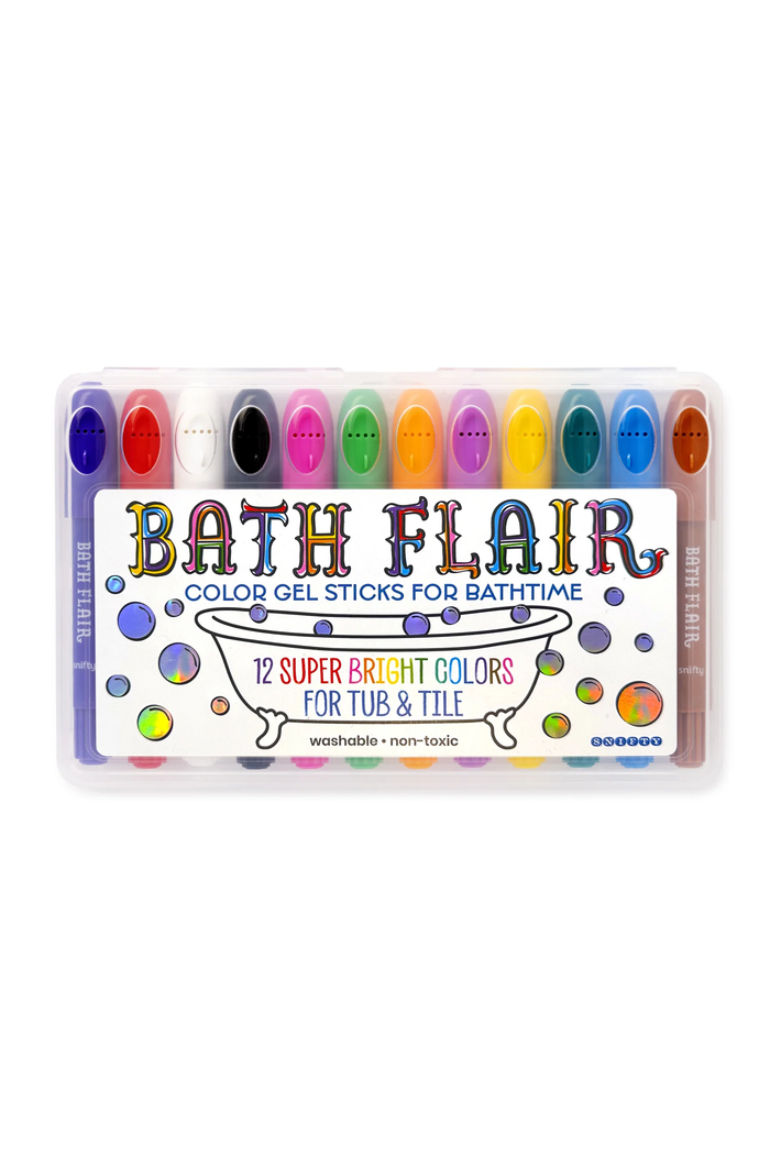 A 12-piece set of Bath Flair color gel sticks for tub and tile, packaged in a clear plastic case with a colorful front label, shown on a white background.
