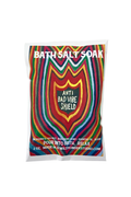 A 2 oz bag of 'Anti Bad Vibe Shield' bath salt soak by Wildonder Studio, featuring a vibrant, multicolored retro wavy pattern on a white background.