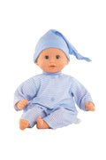 A baby doll wearing a light blue and white striped one-piece outfit with matching striped pants and a blue nightcap, posed against a plain white background.