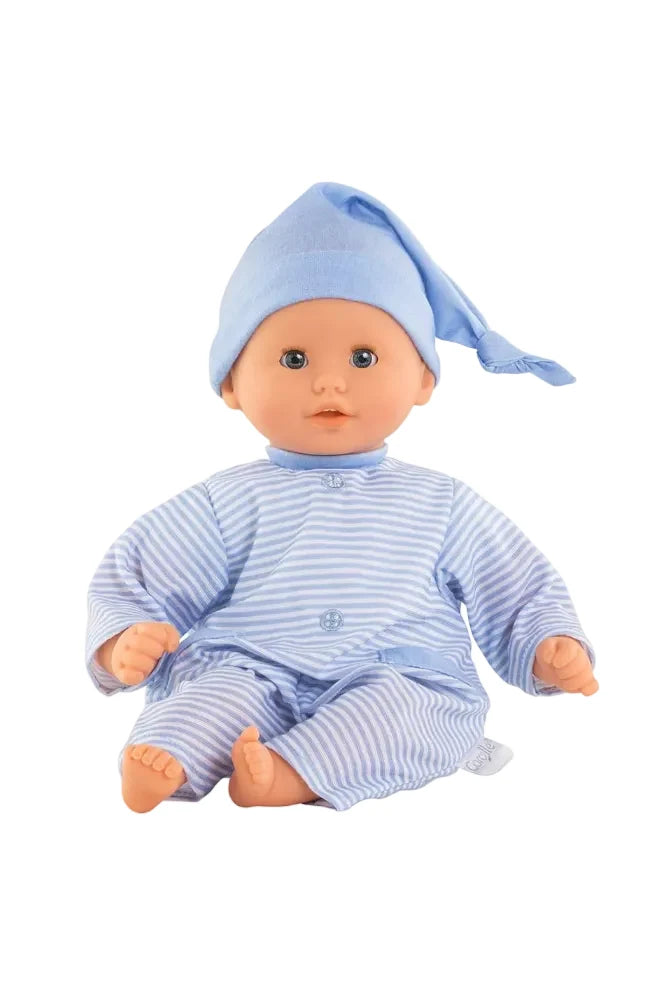 A baby doll wearing a light blue and white striped one-piece outfit with matching striped pants and a blue nightcap, posed against a plain white background.
