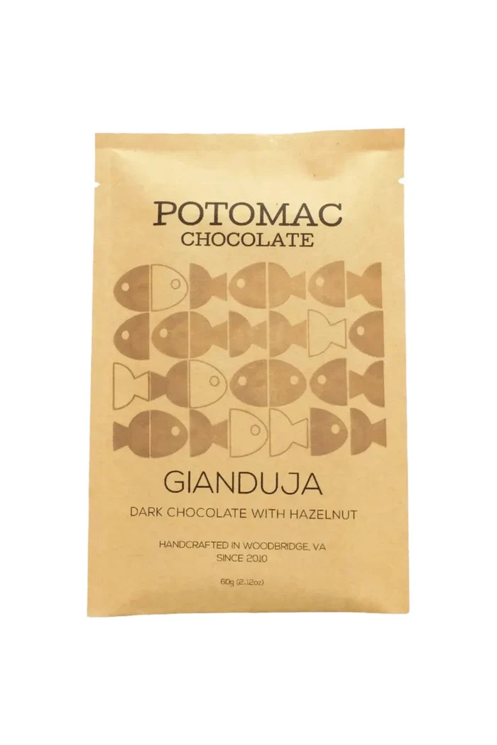 Potomac Chocolate Gianduja dark chocolate with hazelnut packaging on a white background