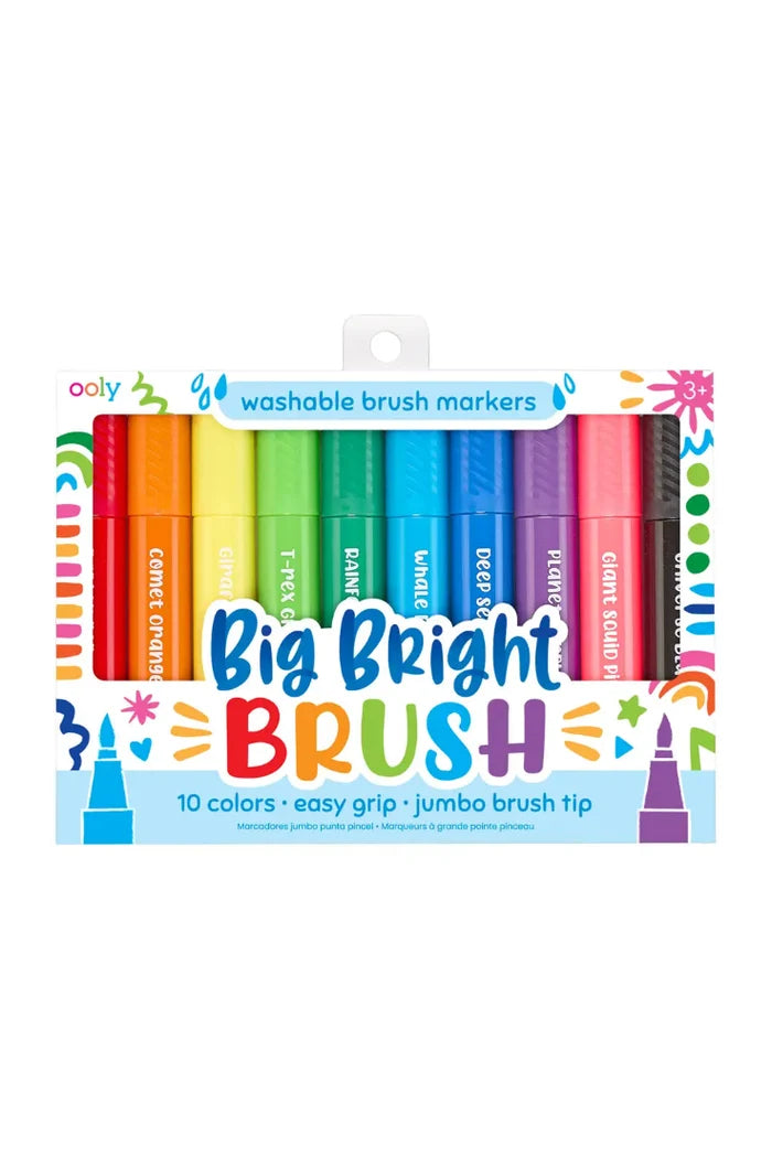 A 10-color set of ooly washable brush markers in a clear plastic packaging with a colorful cardboard backing, featuring bright colors like orange, yellow, green, blue, purple, and pink.