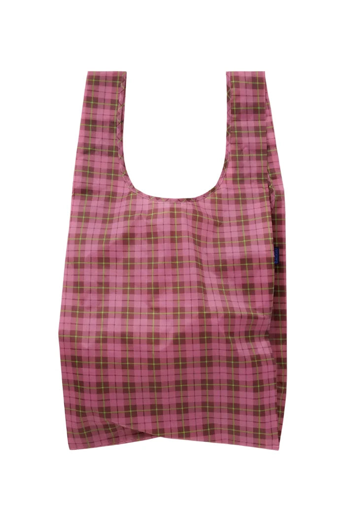 Large nylon tote bag with pink plaid pattern