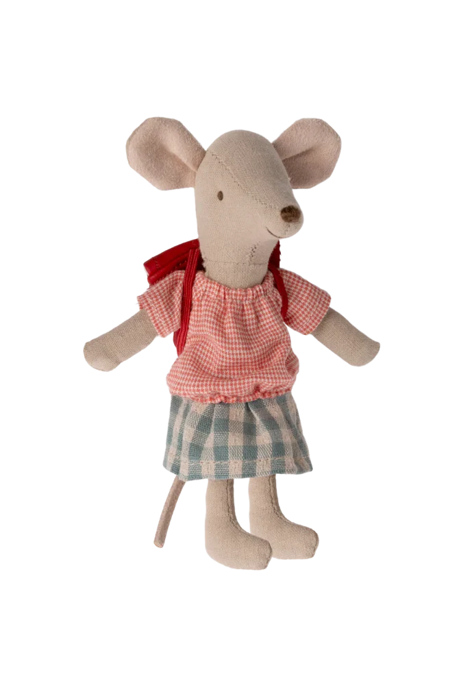 Stuffed mouse toy wearing a red checkered shirt and blue plaid skirt on a white background