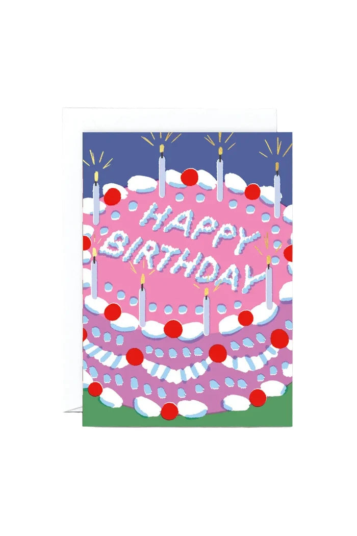 Birthday card with a colorful illustration of an iced cake