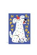 A birthday card with a colorful spotty dog illustrations