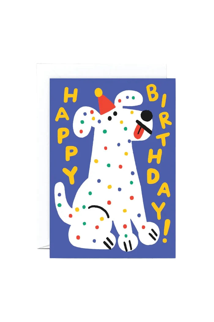 A birthday card with a colorful spotty dog illustrations