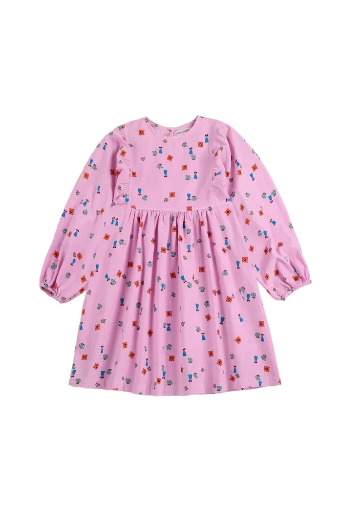 Pink dress with colorful pattern on a white background