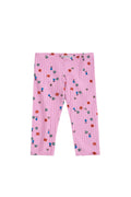 Pink ribbed leggings for toddlers featuring a colorful all-over print of small shopping bags, hats, and shoes, displayed flat against a light gray background.