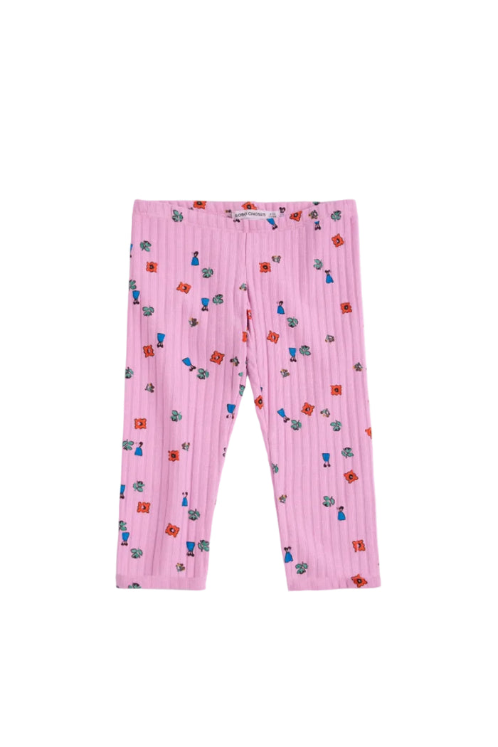 Pink ribbed leggings for toddlers featuring a colorful all-over print of small shopping bags, hats, and shoes, displayed flat against a light gray background.