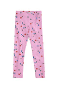 Pink ribbed leggings with a small multicolor floral pattern, laid flat on a white background.