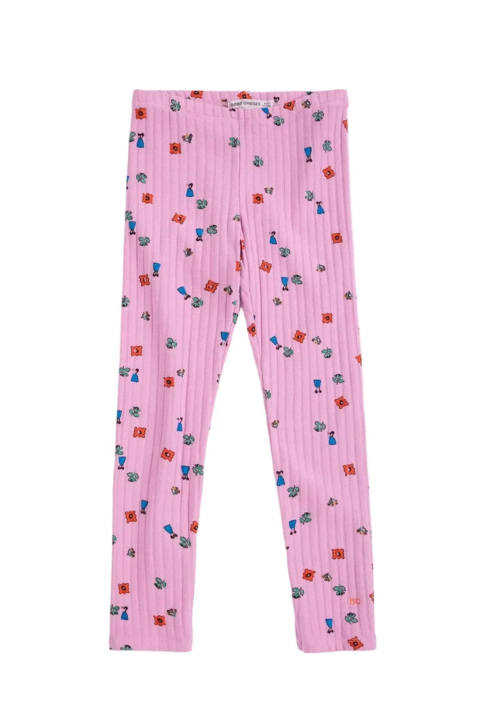 Pink ribbed leggings with a small multicolor floral pattern, laid flat on a white background.