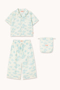Floral pajama set with matching pouch on a white background
